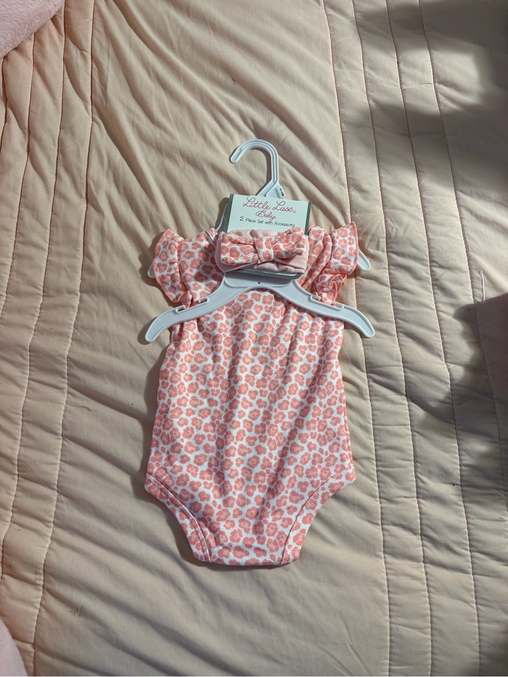 Little Lass Peach Pink Floral Ruffle Baby Romper with Bow Headband